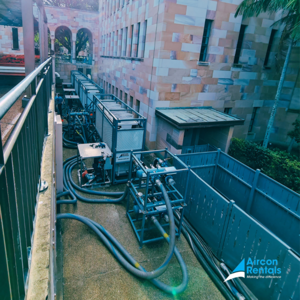 An aerial view of Aircon Rentals’ temporary cooling solutions ensuring smooth energy plant operations.