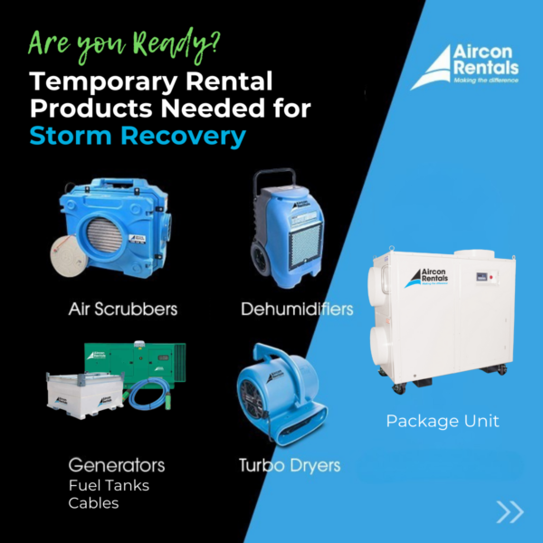 Temporary storm recovery rental products - air scrubbers, dehumidifiers, generators, turbo dryers, and package units